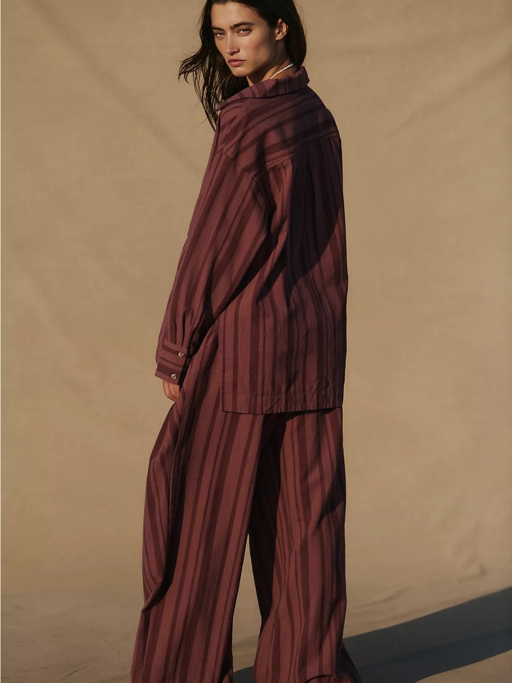 Striped Wide-Leg Pants and Shirt Set - Burgundy - Picture 2 of 10